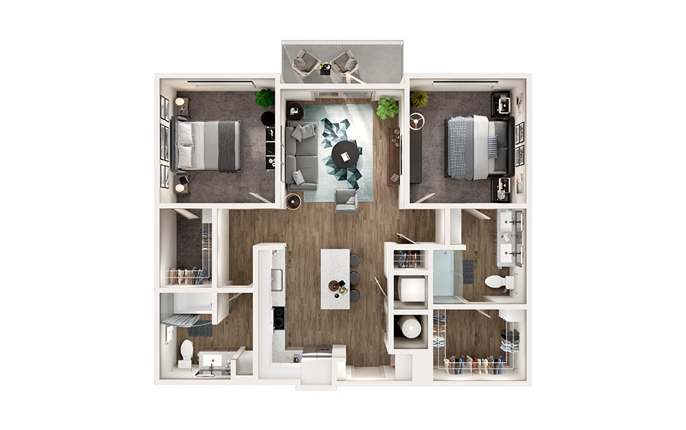 B1 - 2 bedroom floorplan layout with 2 bathrooms and 1064 square feet