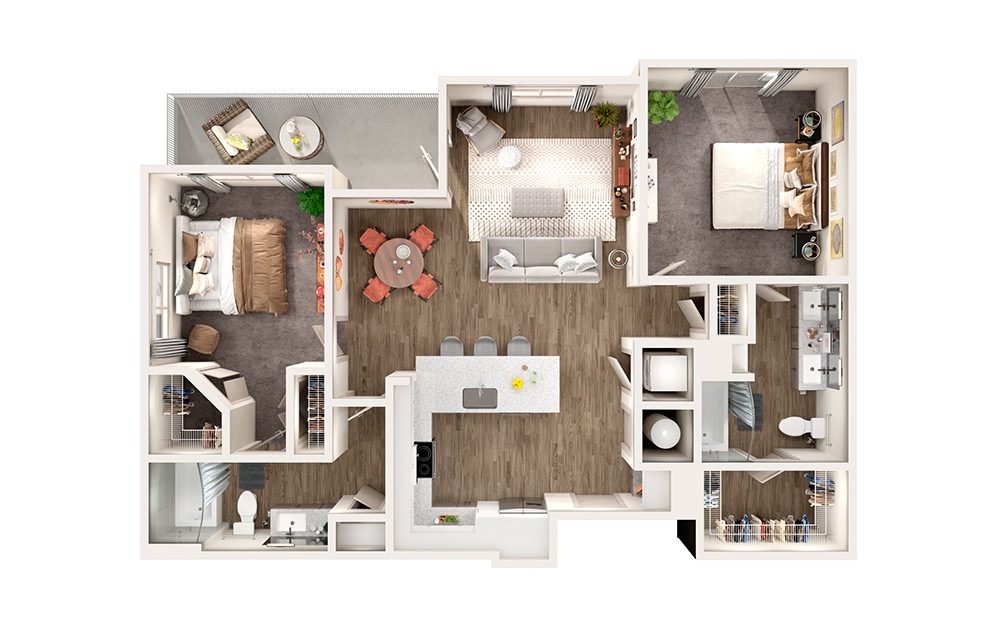 B2 - 2 bedroom floorplan layout with 2 bathrooms and 1119 square feet