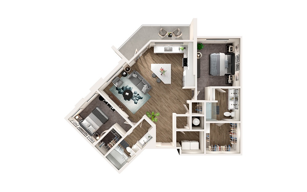 B3 - 2 bedroom floorplan layout with 2 bathrooms and 1190 square feet