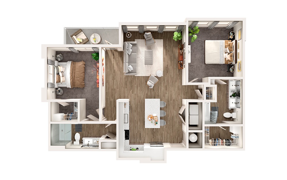 B6 - 2 bedroom floorplan layout with 2 bathrooms and 1258 square feet